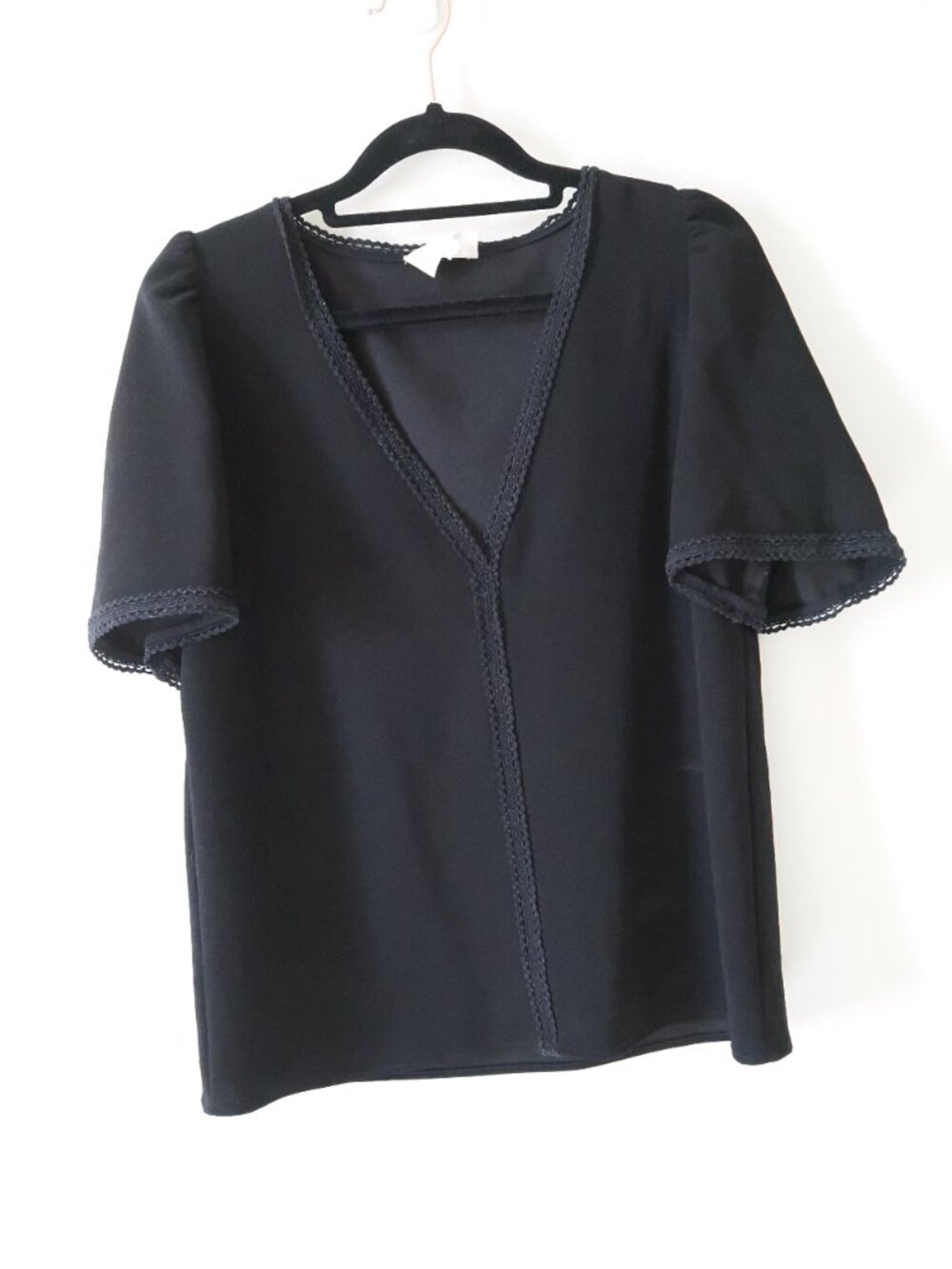 Sezane | Black V-Neck Lace-Trim Top - Picture 5 of 8